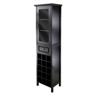 Winsome Burgundy Wine Cabinet 15-Bottle, Glass Door, Black-Handsome and elegant Burgundy Wine Tower is compact and perfect to store your wine and accessories.  Overall assembled size is 66.85" H. x 18.11" W. x 12.99" D. Top Cabinet with clear glass door opens to 3 fixed shelves with 13.54" W. x 10.94" D. for wine glass storage.  One drawer with inside dimension of 6.10" H. x 12.36" W. x 9.06" D.  Bottom section holds up to 15 wine bottles.  Made with solid and composite wood in Black Finish.  Assembly Requi