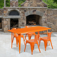 Flash Furniture 31.5'' x 63'' Rectangular Orange Metal Indoor-Outdoor Table Set with 4 Arm Chairs (ET-CT005-4-70-OR-GG)-Galvanized Steel, Metal, Rubber