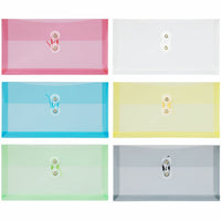 JAM Paper Plastic Envelopes with Button & String Tie Closure #10 Business Booklet - 5 1/4" x 10" - Assorted Colours - 12 Pack-Colours: Clear, Blue, Green, Light Red, Yellow, Grey