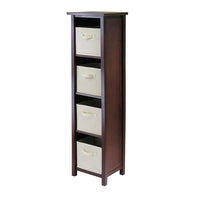 Winsome Verona 4-Section N Storage Shelf with 4 Foldable Beige Fabric Baskets, Antique Walnut-This storage shelf comes with 4 foldable beige fabric baskets.
