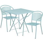 28'' Square Sky Blue Indoor-Outdoor Steel Folding Patio Table Set with 2 Round Back Chairs [CO-28SQF-03CHR2-SKY-GG]-Sky Blue Powder Coat Finish