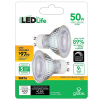 Globe 5.5W eq 50W LED GU10 Glass Light Bulb, 2 Pack-5.5W eq 50W
