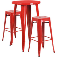 24'' Round Red Metal Indoor-Outdoor Bar Table Set with 2 Square Seat Backless Barstools (CH-51080BH-2-30SQST-RED-GG)-Indoor Outdoor Sets