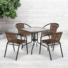 Flash Furniture 28" Square Glass Metal Table with Dark Brown Rattan Edging & 4 Dark Brown Rattan Stack Chairs-Designed for Commercial and Residential Use