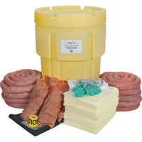 Zenith Safety 95-Gallon Shop Spill Kits, Hazmat, With Overpack Drum-Contents: 100 Sorbent pads (15" x 17"), 10 Sorbent socks (3" x 120"), 8 Sorbent pillows (8" x 18") , 1 Drain cover (36" x 36"), 1 Caution tape (3" x 300') , 2 Pairs nitrile gloves, 2-XL (11), 2 Pairs safety goggles , 2 Microporous coveralls, XL , 10 Disposal bags (26" x 36")