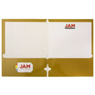 JAM Paper 2 Pocket Laminated Glossy 3 Hole Punched School Folders, Gold, 25 Pack-Capacity: 200 sheets