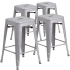 Flash Furniture Commercial Grade 24" High Backless Silver Metal Indoor-Outdoor Counter Height Stool with Square Seat-Set of 4 Stackable Industrial Style Modern Stools
