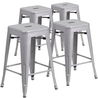 Flash Furniture Commercial Grade 24" High Backless Silver Metal Indoor-Outdoor Counter Height Stool with Square Seat-Set of 4 Stackable Industrial Style Modern Stools