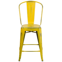 Flash Furniture Commercial Grade 24" High Distressed Metal Indoor-Outdoor Counter Height Stool with Back - Yellow-Set of 4 Bistro Style Counter Stools