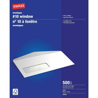 Staples #10 Window Envelopes with Gummed Flaps - 4-1/8" x 9-1/2" - White - 500 Pack-Versatile #10 envelopes are ideal for mailing letters, cheques, billing statements, invoices and more