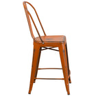 Flash Furniture 24" High Distressed Orange Metal Indoor-Outdoor Counter Height Stool with Back-Curved Back with Vertical Slat