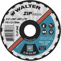 Walter Surface Technologies Zip Stainless Right Angle Grinder Reinforced Cut-Off Wheels, 5" x 3/64", 7/8" Arbor - 12 Pack-Abrasive Material: Aluminum Oxide