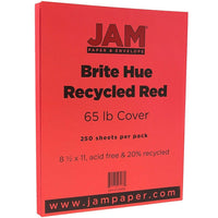 JAM Paper Bright Colour Cardstock, 8.5 x 11, 65lb Red Recycled, 250/ream (101378B)-Red