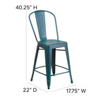 Flash Furniture 24" High Distressed Kelly Blue-Teal Metal Indoor-Outdoor Counter Height Stool with Back-Footrest