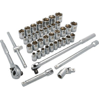 Dynamic Tools 1/2" Drive 41 Piece 6 Point Standard, SAE/Metric Socket Set, 3/8" - 1-5/16", 10mm - 28mm-Contains: 16 Standard SAE Sockets: 3/8", 7/16", 1/2", 9/16", 5/8", 11/16", 3/4", 13/16", 7/8", 15/16", 1", 1-1/16", 1-1/8", 1-3/16", 1-1/4", 1-5/16", 19 Standard Metric Sockets: 10, 11, 12, 13, 14, 15, 16, 17, 18, 19, 20, 21, 22, 23, 24, 25, 26, 27, 28mm, 5" & 10" Extensions, 45 Tooth Ratchet, Universal Joint, Flex Handle, T-handle