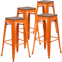 Flash Furniture 30" High Backless Orange Metal Barstool with Square Wood Seat-Set of 4 Stackable Industrial Style Modern Stools