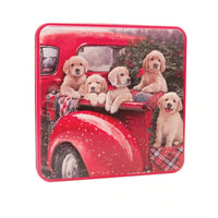 Grandma Wild's Puppies in a Van tin - 160g-Contains Stem ginger & lemon biscuit and Chocolate chip biscuits; Butter shortbread biscuits and Clotted Cream with chocolate chip biscuits