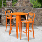 30'' Round Orange Metal Indoor-Outdoor Bar Table Set with 2 Vertical Slat Back Barstools [CH-51090BH-2-30VRT-OR-GG]-30"W x 30"D x 41"H