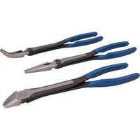 Gray Tools 3 Piece Heavy Duty Long Reach Plier Set-Contains: 30deg offset Diagonal Cutting Pliers, Straight 2" Serrated Jaw Needle Nose Pliers and Bent Needle Nose Pliers With 2" Serrated Jaw.