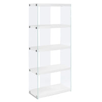 Monarch Specialties 3289 60"H Bookcase - Glossy White With Tempered Glass-Featuring 4 fixed display shelves in glossy white and chic tempered glass sides that create an inviting look, making your room appear more spacious
