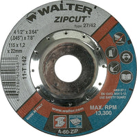 Walter Surface Technologies Zipcut Right Angle Grinder Reinforced Cut-Off Wheels, 4-1/2" x 3/64", 7/8" Arbor - 12 Pack-Abrasive Material: Aluminum Oxide