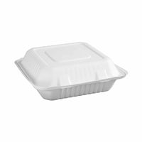 Globe Commercial Products 9" W x 9" D x 3" H Fibre Hinged Lid Bagasse Container - 200 Pack-Hinge container square takeout container