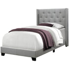 Monarch Specialties 5984T Twin Size Bed - Grey Linen With Chrome Trim-Upholstered floor length wing back headboard, side and end rails in a chic grey linen-look fabric