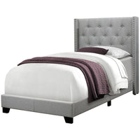 Monarch Specialties 5984T Twin Size Bed - Grey Linen With Chrome Trim-Upholstered floor length wing back headboard, side and end rails in a chic grey linen-look fabric