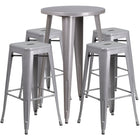 24'' Round Silver Metal Indoor-Outdoor Bar Table Set with 4 Square Seat Backless Barstools (CH-51080BH-4-30SQST-SIL-GG)-Indoor Outdoor Sets