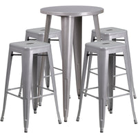 24'' Round Silver Metal Indoor-Outdoor Bar Table Set with 4 Square Seat Backless Barstools (CH-51080BH-4-30SQST-SIL-GG)-Indoor Outdoor Sets