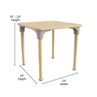 Flash Furniture Bright Beginnings 24" Square Commercial Grade Wooden Adjustable Height Classroom Activity Table - Beech-Accommodates up to 3 Children