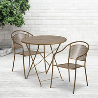 30'' Round Gold Indoor-Outdoor Steel Folding Patio Table Set with 2 Round Back Chairs [CO-30RDF-03CHR2-GD-GG]-Set Includes Folding Table and 2 Chairs