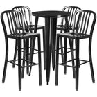 24'' Round Black Metal Indoor-Outdoor Bar Table Set with 4 Vertical Slat Back Barstools [CH-51080BH-4-30VRT-BK-GG]-Metal Cafe Bar Table