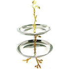 Elegance Gilt Leaf Hammered Stainless Steel 2-Tier Serving Tray-Features a footed base and gold leaf accents.