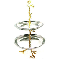 Elegance Gilt Leaf Hammered Stainless Steel 2-Tier Serving Tray-Features a footed base and gold leaf accents.