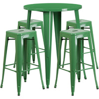 30'' Round Green Metal Indoor-Outdoor Bar Table Set with 4 Square Seat Backless Barstools (CH-51090BH-4-30SQST-GN-GG)-Indoor Outdoor Sets