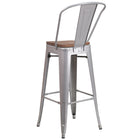 Flash Furniture 30" High Silver Metal Barstool with Back & Wood Seat-Textured Walnut Elm Wood Seat