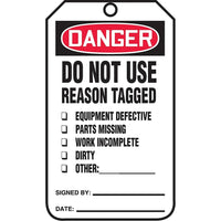 Standard Safety Tags, Danger; Do not use reason tagged, SAU618, 25 Pack-Language - English