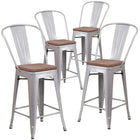 Flash Furniture 24" High Silver Metal Counter Height Stool with Back & Wood Seat-Set of 4 Bistro Style Counter Stools