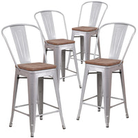 Flash Furniture 24" High Silver Metal Counter Height Stool with Back & Wood Seat-Set of 4 Bistro Style Counter Stools