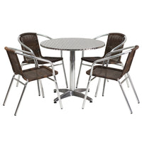 Flash Furniture 31.5'' Round Aluminum Indoor/Outdoor Table with 4 Rattan Chairs (TLH32RD020CHR4)-Aluminum/Aluminum, Plastic, Rattan, Stainless Steel