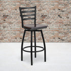 Flash Furniture HERCULES Series Ladder Back Swivel Metal Barstool with Walnut Wood Seat - Black-16 Gauge Steel Frame