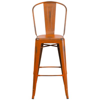 Flash Furniture 30" High Distressed Orange Metal Indoor-Outdoor Barstool with Back-Bistro Style Barstool