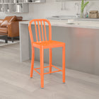 Flash Furniture 24" High Orange Metal Indoor-Outdoor Counter Height Stool with Vertical Slat Back-Adjustable Floor Glides