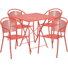28'' Square Coral Indoor-Outdoor Steel Folding Patio Table Set with 4 Round Back Chairs [CO-28SQF-03CHR4-RED-GG]-Coral Powder Coat Finish