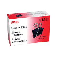ACCO Fold-Back Binder Clips - Medium (1-5/8") - 5/8" Capacity - Black - 12 Pack-Black binder clips with silver arms