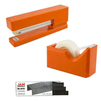 JAM Paper Office & Desk Sets, Tape Dispenser Stapler Pack of Staples, Orange and Black (33758ORBK)-Colour: Orange