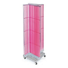Azar Displays 16"W x 60"H 4-Sided Pinwheel Pegboard Display with Square Wheeled Base, Translucent Pink (700422-PNK)-Includes four panels & Acrylic Sign Holder strip and stands on a 26" W square wheeled base