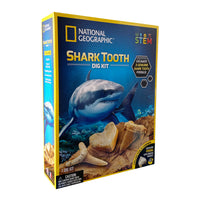 National Geographic Shark Tooth Dig Kit-This science kit includes: A shark-themed digging brick with 3 fossilized shark teeth (each from different species of shark), archeological digging tools, full-color learning guide, and magnifying glass.
