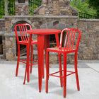 24'' Round Red Metal Indoor-Outdoor Bar Table Set with 2 Vertical Slat Back Barstools [CH-51080BH-2-30VRT-RED-GG]-24"W x 24"D x 41"H